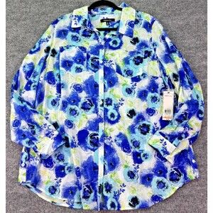 Relativity 2X Button Front Blouse Blue Floral Print Cotton Shirt Top NWT
